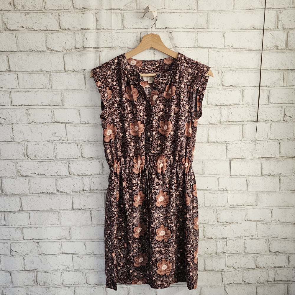 LOFT Brown Floral Cap-Sleeve Dress with Pink Blooms